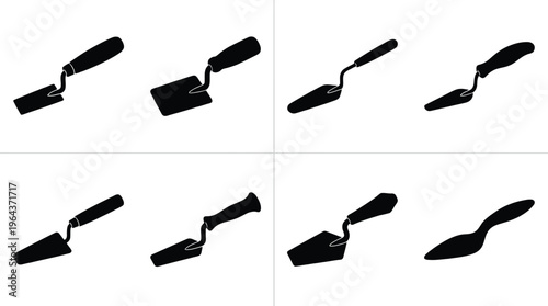 Collection of Black Silhouettes of Trowels for Masonry and Gardening construction tool