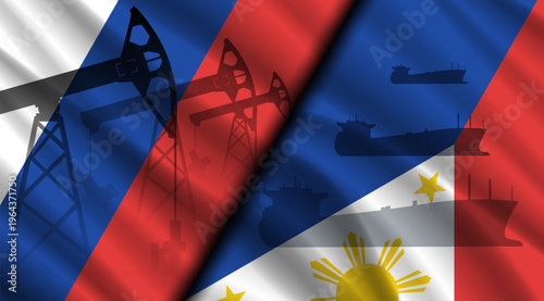 Vector wavy national flags of Russia and Republic of Philippines. Moscow and Manila. Russian oil, pumps and tanker ships. Fossil global fuel. World economics. Sale and purchase of petroleum