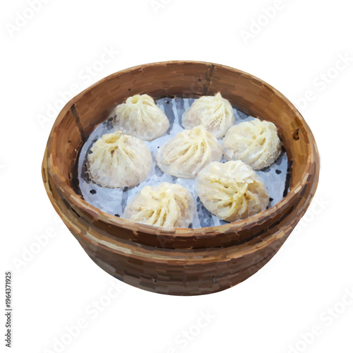 Hand-painted Steamed Soup Dumplings (Xiaolongbao) in a bamboo steamer on a patterned plate with chopsticks and a dipping dish, isolated on a transparent background