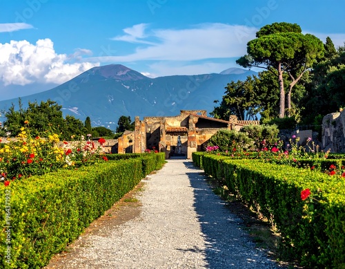 Pompeii Ruins and Gardens with Vesuvius in the Background.