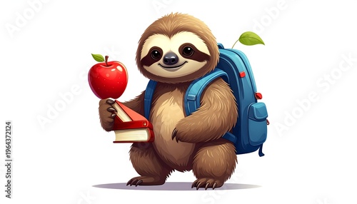 A cute, cartoon-style sloth with a backpack, holding a red apple atop a book, ready for school. The background is white