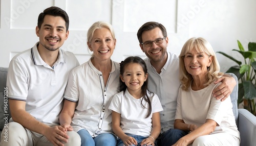 A happy multi-generational family portrait featuring two grandmothers, two adult men, and a young girl smiling together on a sofa at home.