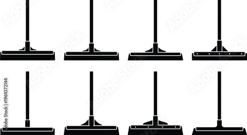 Collection of eight black silhouette floor squeegees with different handle attachments and blade designs on a white background