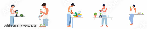 Flat vector illustration set of a young man preparing and drinking a healthy green smoothie as part of his morning wellness routine.