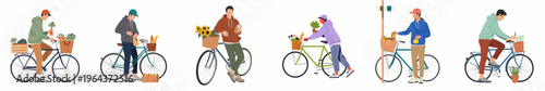 Flat vector illustrations of men cycling and shopping for fresh produce, flowers, and groceries at a local farmers market.