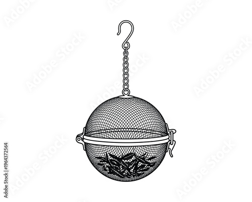Tea infuser illustration with chain and hook, tea leaves inside. Black and white line art drawing