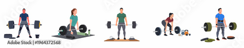 Flat vector illustrations of diverse men and women performing weightlifting and strength training exercises with barbells and gym equipment.