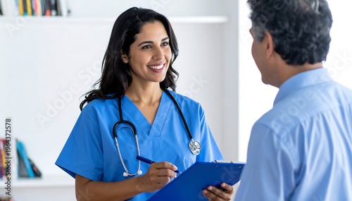 Smiling female nurse in blue scrubs with a stethoscope consults with a male patient, taking notes on a clipboard in a bright clinic setting.