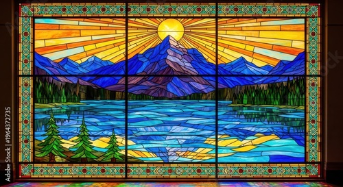 Brilliant stained glass panel depicts a vibrant mountain and lake landscape illuminated by the rising sun