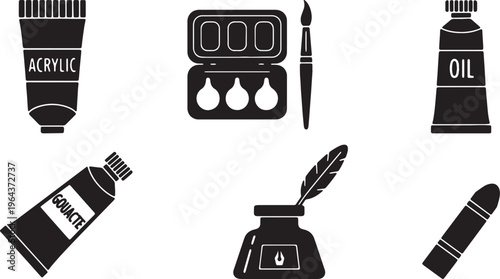 Black Solid Art Painting Mediums Silhouettes Set of Six on White Background