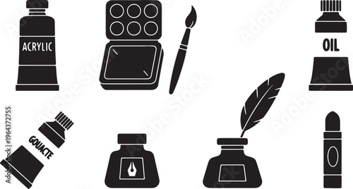 Black Solid Art Painting Mediums Silhouettes Set of Six on White Background