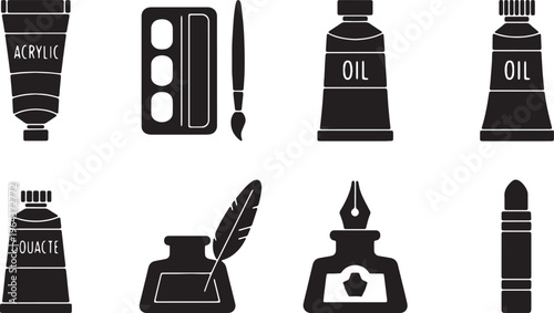 Black Solid Art Painting Mediums Silhouettes Set of Six on White Background