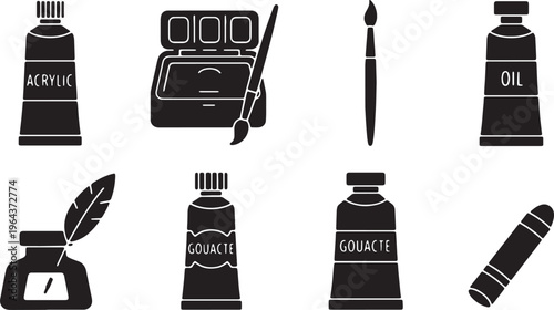 Black Solid Art Painting Mediums Silhouettes Set of Six on White Background