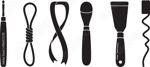 Black Solid Art Sculpting Tools Silhouettes Set of Six on White Background