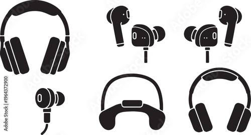 Black Solid Audio Headphone Silhouettes Set of Six on White Background
