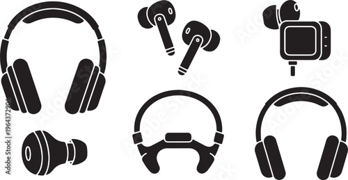 Black Solid Audio Headphone Silhouettes Set of Six on White Background