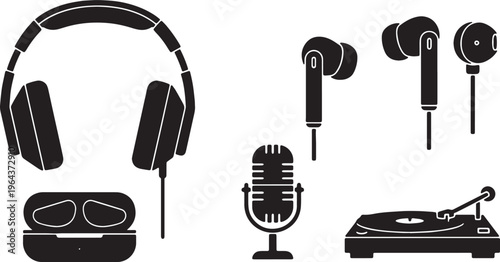 Black Solid Audio Headphone Silhouettes Set of Six on White Background
