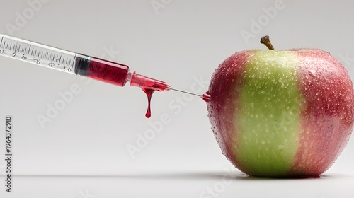 Genetically modified apple injected with red liquid using syringe symbolizing food science biotechnology health risk nutrition debate laboratory experiment modern agriculture ethics
