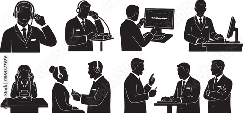 Black Solid Audiologist Silhouettes Set of Six on White Background