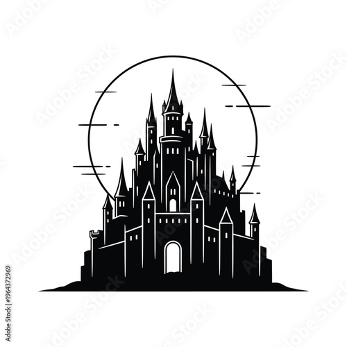 Black and white medieval castle tower.