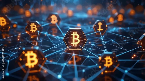 Digital network of interconnected bitcoin symbols in a futuristic design