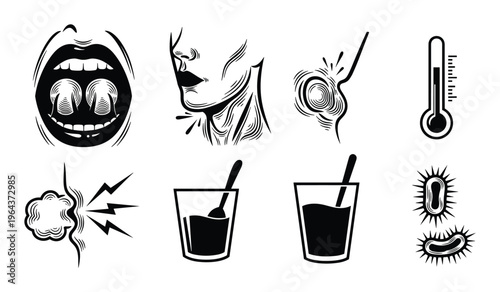 Tonsillitis symptoms illustrations, mouth, throat, neck, thermometer, steam, glass with liquid, and bacteria vector