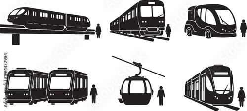 Black Solid Public Automated Guideway Transit and People Movers Silhouettes Set of Six on White Background