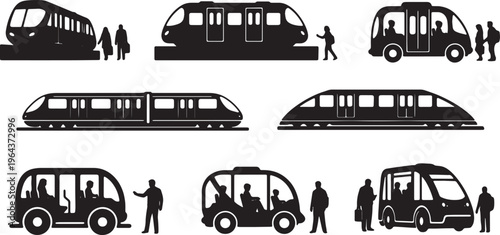 Black Solid Public Automated Guideway Transit and People Movers Silhouettes Set of Six on White Background