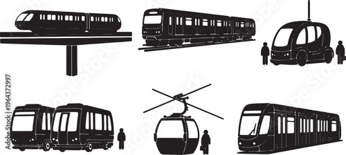 Black Solid Public Automated Guideway Transit and People Movers Silhouettes Set of Six on White Background