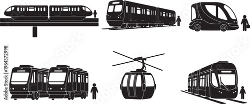 Black Solid Public Automated Guideway Transit and People Movers Silhouettes Set of Six on White Background
