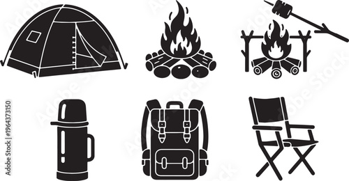 Black Solid Autumn Camping and Bonfire Equipment Silhouette Icons