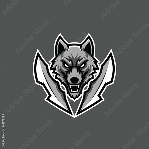 Gray wolf head with sharp teeth.