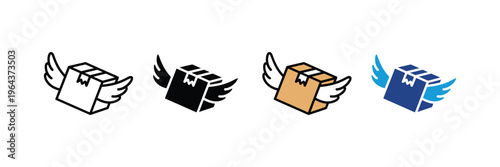 Fast flying parcel box with wings for express shipping, air mail delivery and logistics service icon set. Global courier shipment symbol. Vector Illustration.