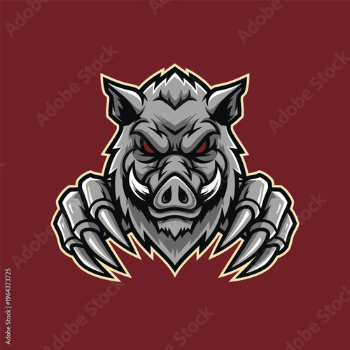 Gray angry boar head illustration closeup.