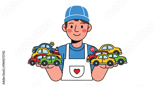 Toy Car Enthusiast: A smiling individual, adorned in a cap and apron, proudly displays a collection of vibrant toy cars, showcasing the joy and passion for miniature vehicles.