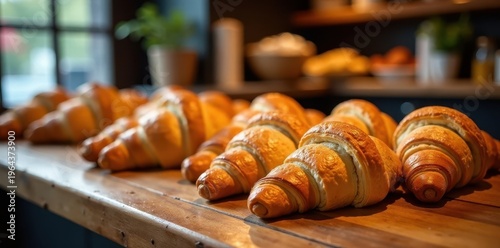 Wallpaper Mural Freshly baked croissants displayed on a wooden counter, fresh bread, pastries Torontodigital.ca