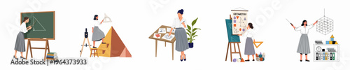 Set of flat vector illustrations depicting a female teacher or mathematician teaching various geometry concepts, trigonometry, and architectural shapes in a classroom setting.