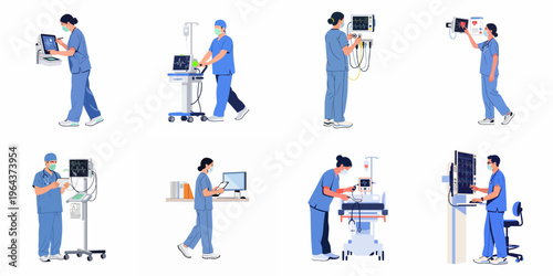 Flat vector illustrations of healthcare professionals in blue scrubs operating hospital equipment, patient monitors, and digital devices in a clinical setting.
