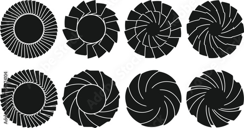 Eight Black Circular Aperture Diaphragm Designs with White Outlines camera lens