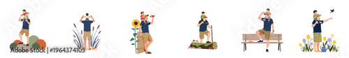 Flat illustration set of a father and son enjoying various outdoor activities, nature walks, and quality time together during summer.