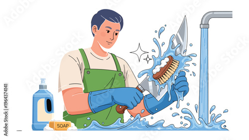 Man washing tool: A man is diligently scrubbing a stainless steel tool, demonstrating careful hygiene and cleanliness