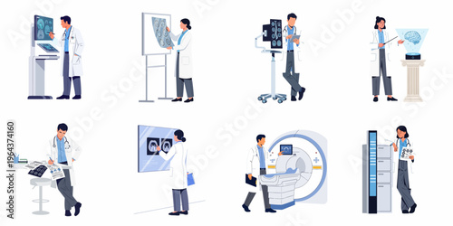 Flat illustration of medical doctors and radiologists analyzing diagnostic images, MRI scans, and digital health data using advanced clinical technology.