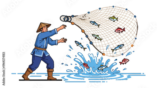 Fisherman's Bounty: A seasoned fisherman casts his net, capturing a vibrant haul of fish, highlighting the fisherman's skill and the beauty of nature's offerings.