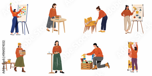 Flat illustration set of women preparing for a business event, workshop, or seminar with various organizational tasks and presentation materials.