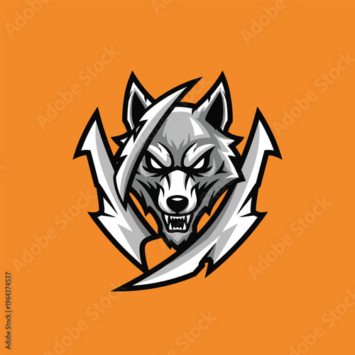 Gray wolf head with sharp teeth.