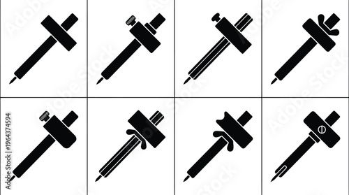 Eight black silhouette compasses with adjustable screws and different handle designs on a white background