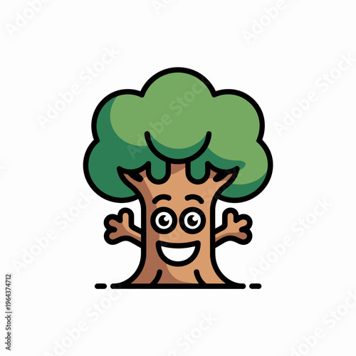 Smiling Tree Character with Green Leaves on White Background