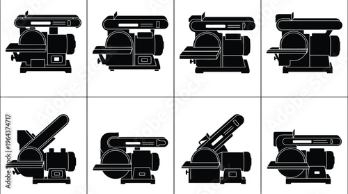 Eight black silhouette icons of a belt sander and disc sander combination machine from different angles