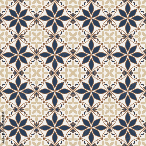 Elegant seamless floral pattern with blue indigo flowers and vintage ornaments creates a decorative vector textile design for wallpaper tile and fabric backdrops