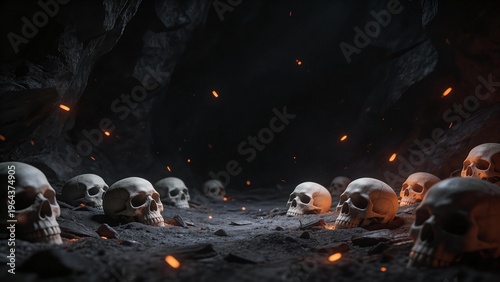 Skulls in a dark cave
